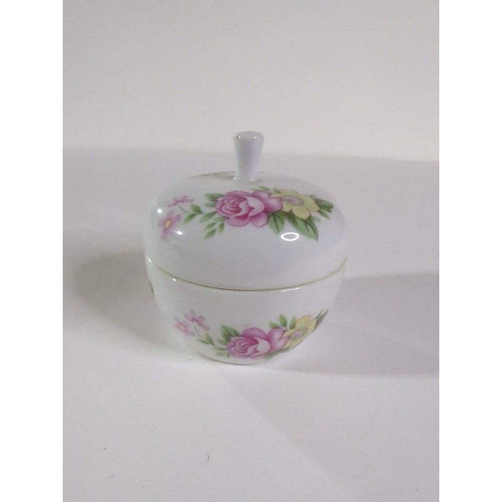 Vintage pink rose floral porcelain round trinket box